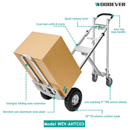 Ergonomically designed to allow users to convert from a standard upright hand truck to a 45 degree incline truck or a 4 wheel platform truck in an instant by simply releasing the lever - no tools or pins required